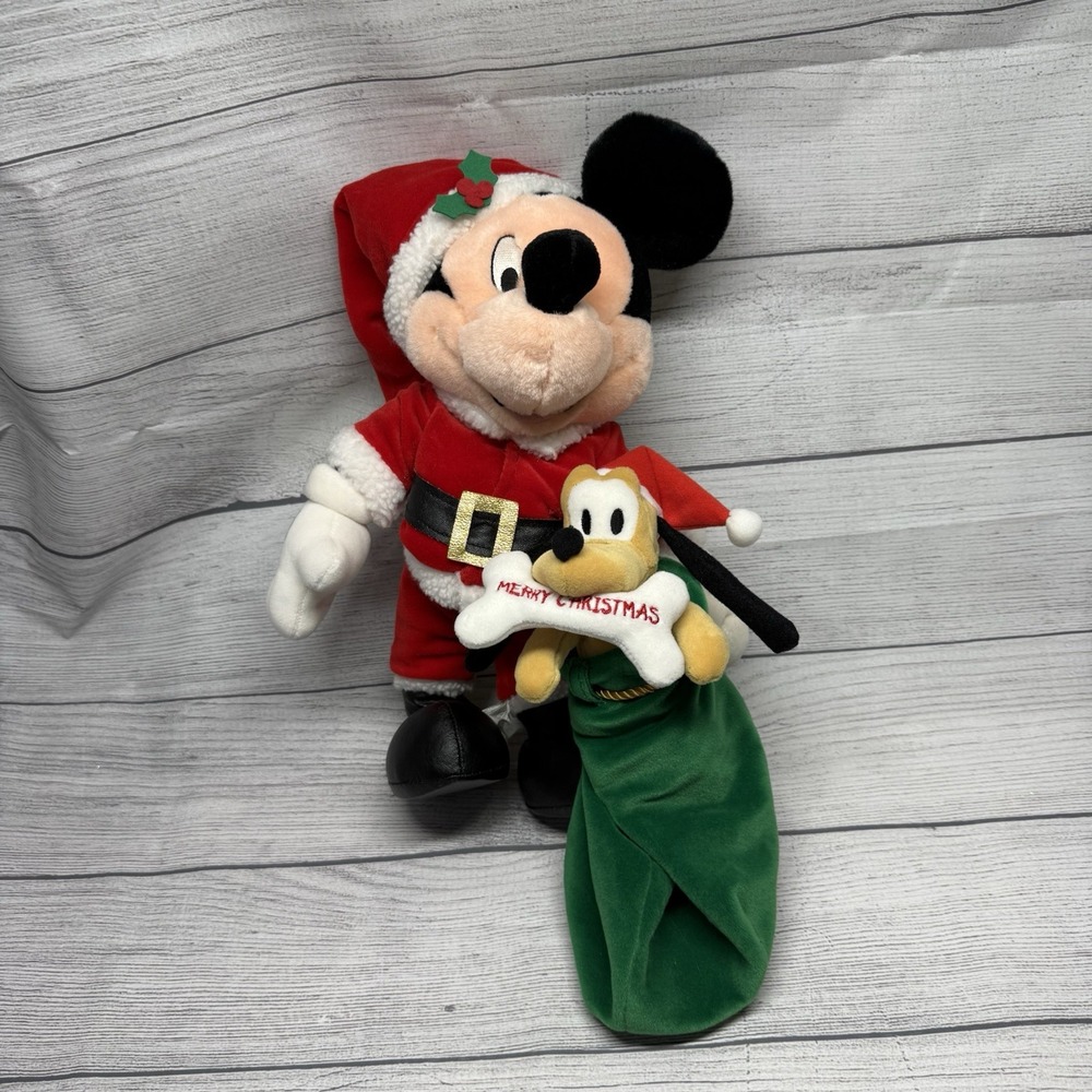 Disney Christmas Santa Mickey Mouse Pluto Sack Plush Figure Posable 14"